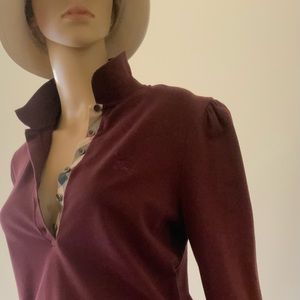 BURBERRY Ruched Nova Check Polo Shirt Long Sleeves in Burgundy